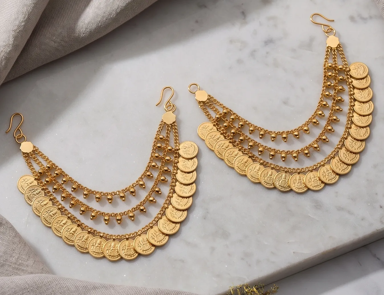 Lakshmi Coin & Golden Bead Multi-Layer Earchains